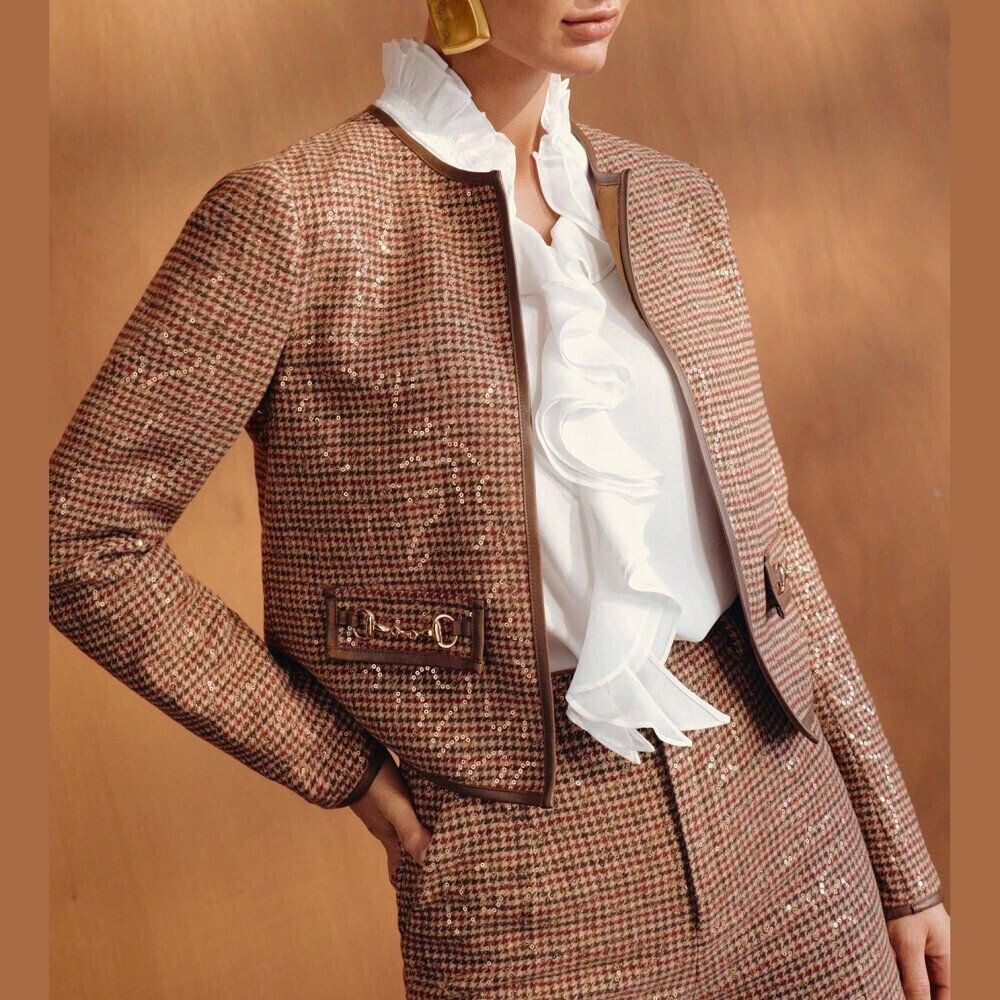Tan Houndstooth Sequin Tweed Faux Leather Trim Cropped Blazer Jacket